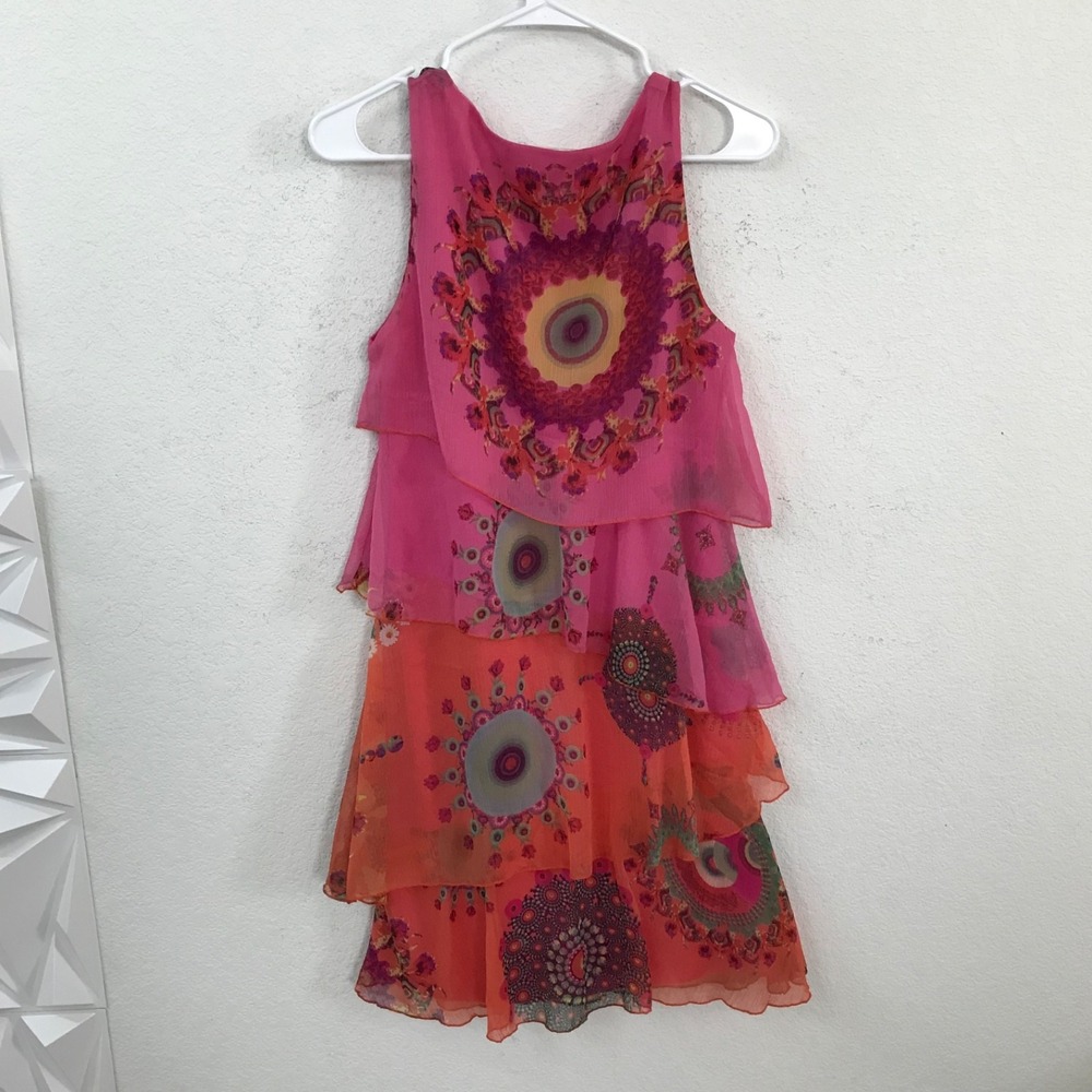 Desigual Womens Lina Dress XS/36 Pink Orange Print Layered Chiffon Sleeveless - Picture 3 of 10